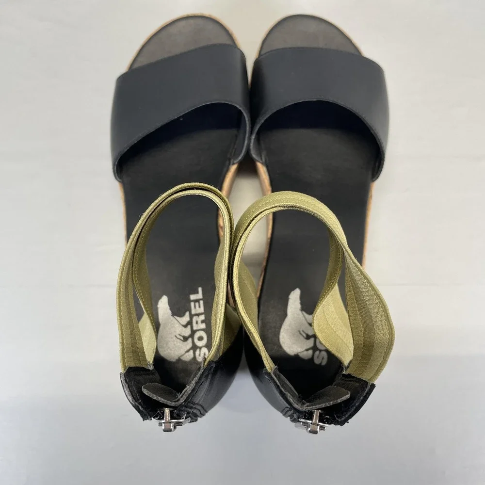 Sorel Cameron Flatform Wedge Sandals Womens Size 9.5 Black Leather Ankle Strap